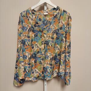 Zac & Rachel Popover Top Plus Size 2X Floral Long Sleeve Roll Tab Sleeve Pretty